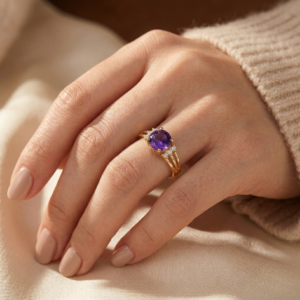 Bague en or avec améthyste à tige fendue — Groumia