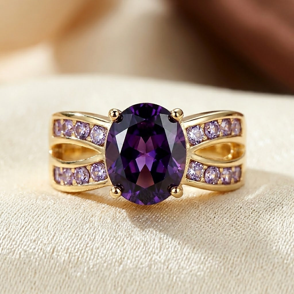 Bague à bande fendue en or et améthyste — Groumia
