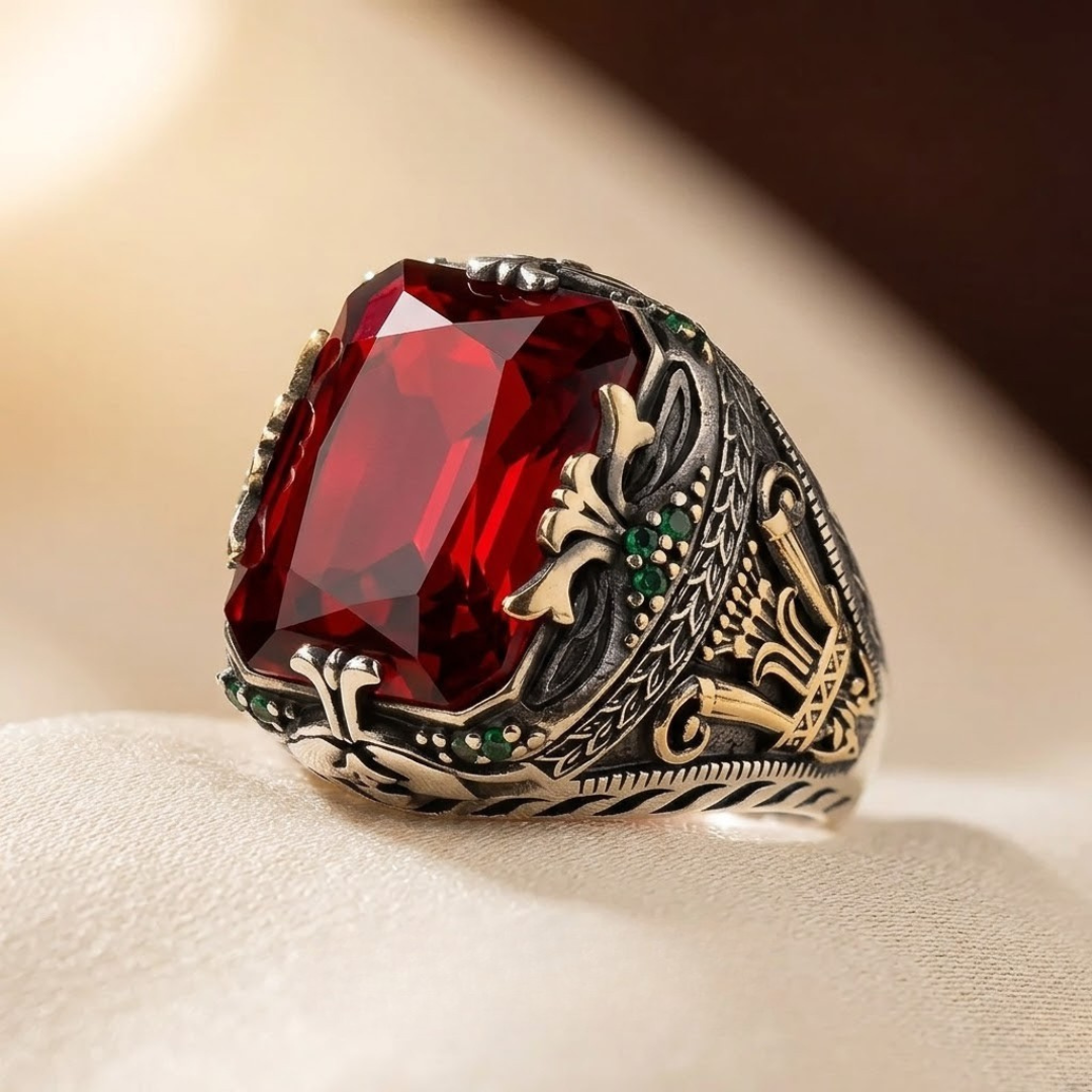 Bague Sceau Ornée en Argent et Rubis — Groumia