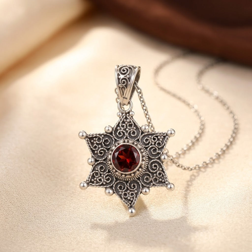Collier Pendentif Étoile en Rubis Argenté — Groumia
