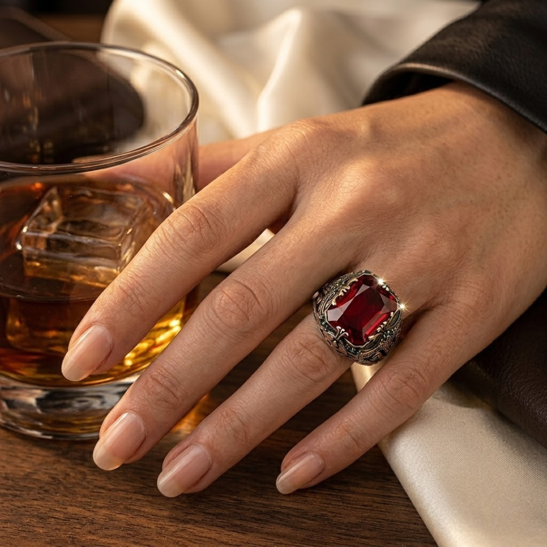 Bague Sceau Ornée en Argent et Rubis — Groumia