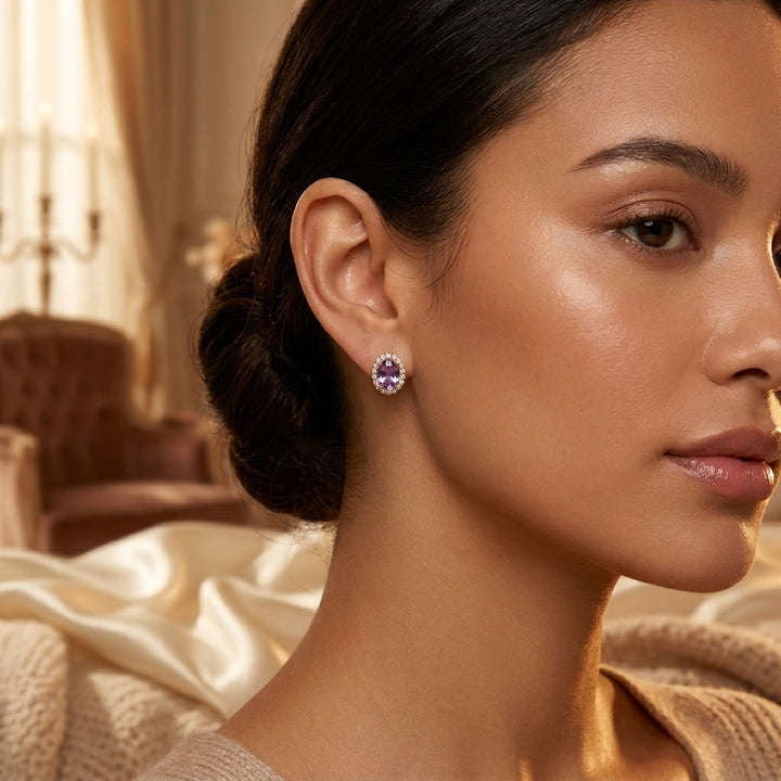 Boucles d'oreilles Halo en Or et Améthyste — Groumia