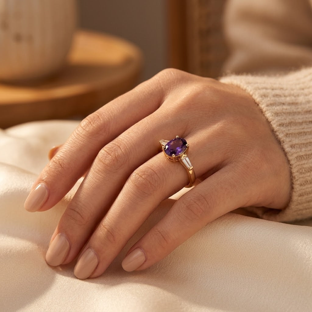 Bague en Or avec Améthyste à Trois Pierres — Groumia