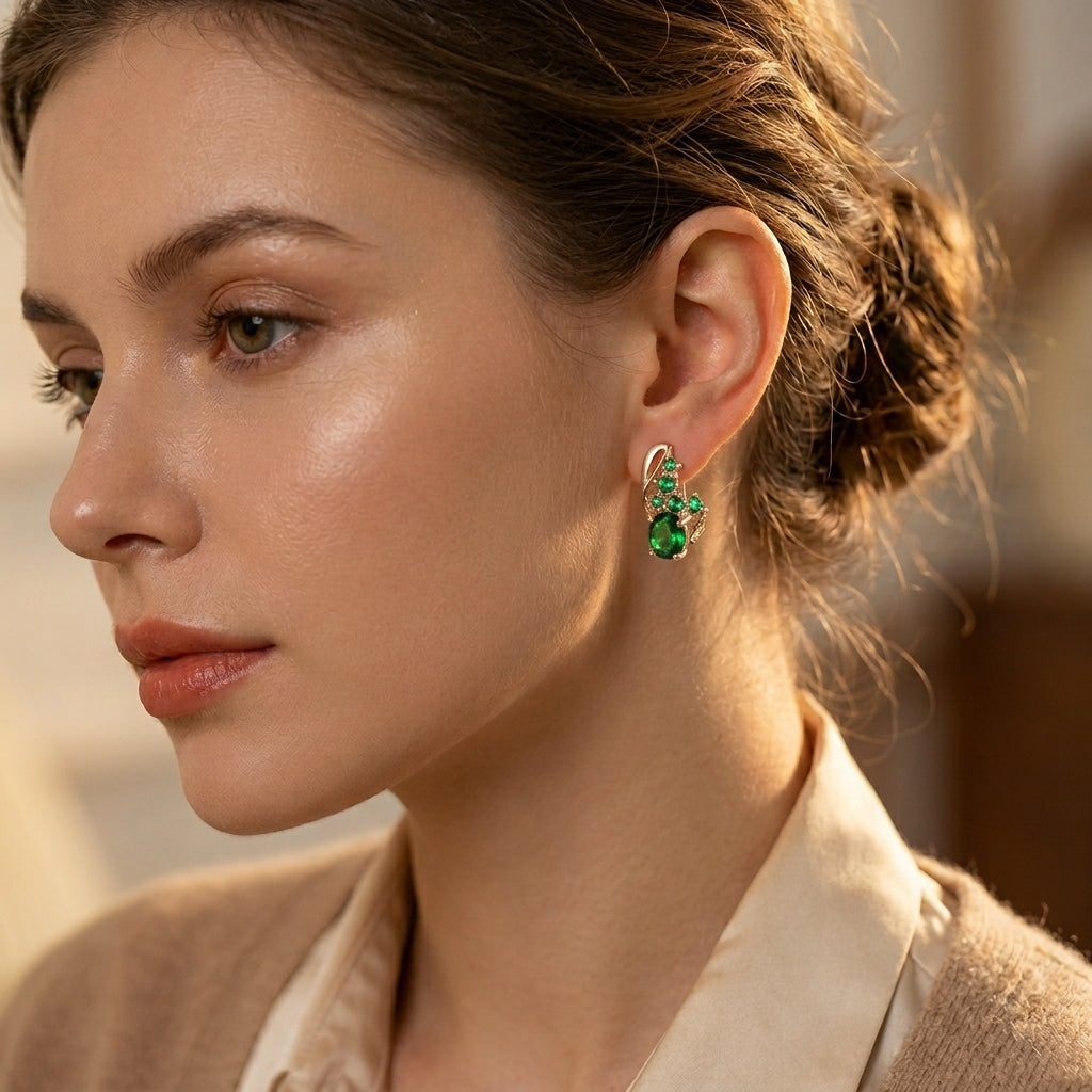 Boucles d'oreilles pendantes en or et émeraudes — Groumia