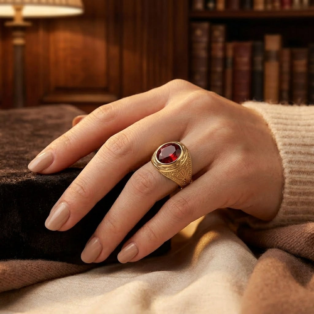 Bague en or avec gravure en rubis — Groumia