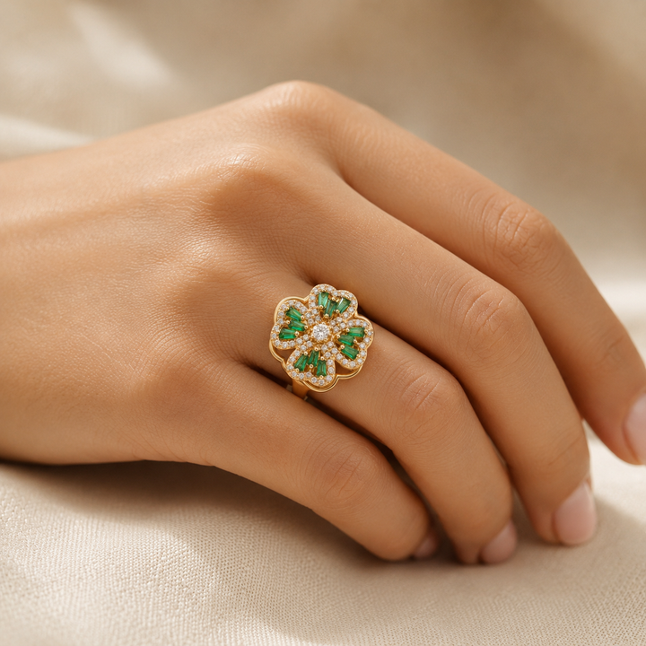 Bague Florale en Or Émeraude — Groumia