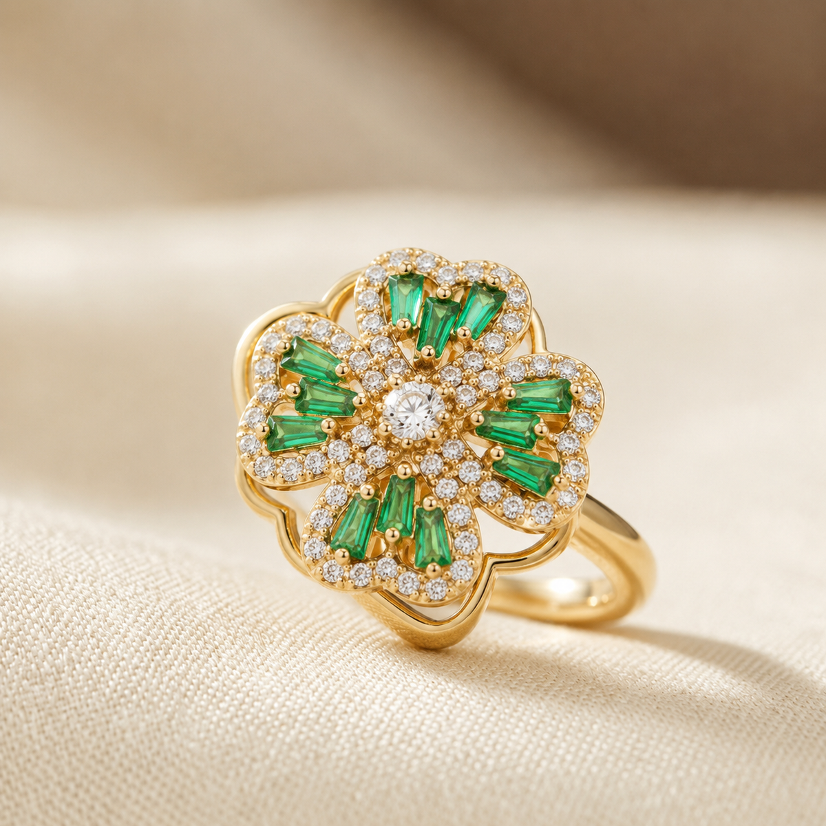 Bague Florale en Or Émeraude — Groumia