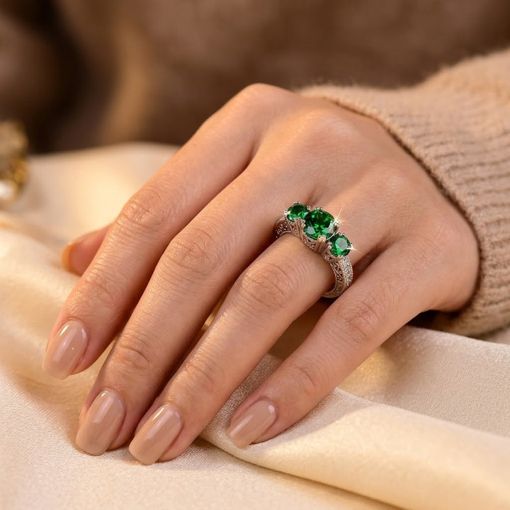 Bague Trois-Pierre Émeraude Argent — Groumia