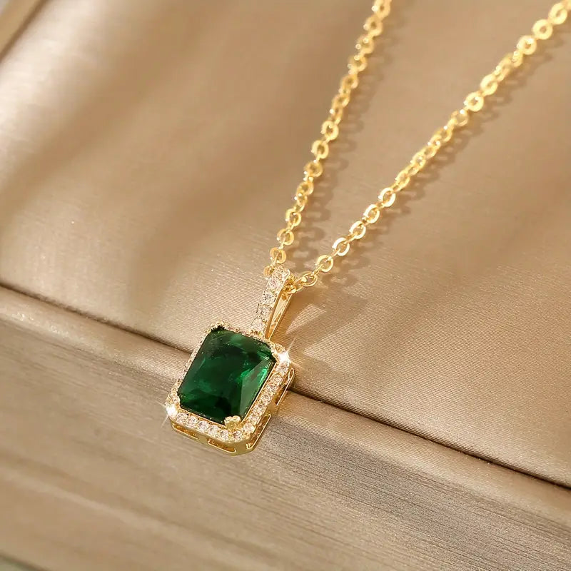 Collier Rectangulaire Halo en Or et Émeraude — Groumia