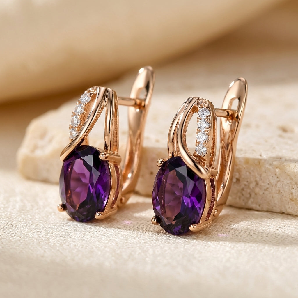 Boucles d'oreilles créoles en or et améthyste — Groumia