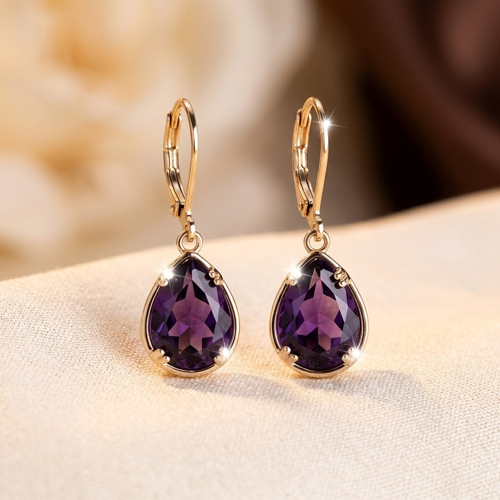 Boucles d'oreilles en or avec goutte d'améthyste — Groumia